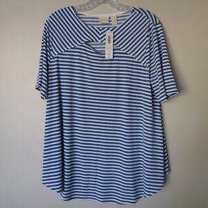 Chico's Blue stripe Peek-A-Boo Cutout Crew Neck Stretch Short Sleeve Womans Sz 2